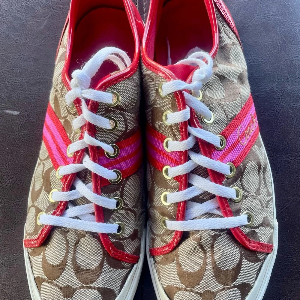SALE Coach Tan Signature Sneakers with Pink and Red Stripe - Picture 4 of 6